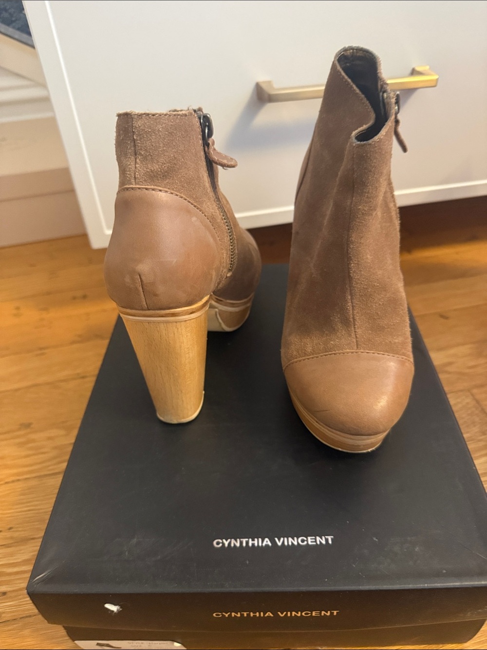 Cynthia Vincent Tan Suede & Leather Platform Ankle Boots